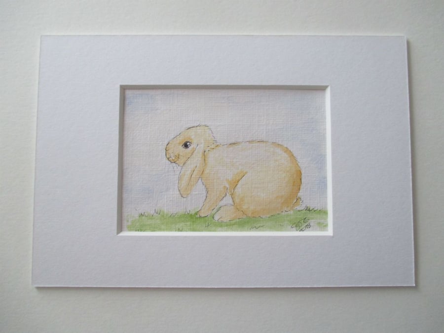 ACEO Bunny Rabbit Original Mixed Media Painting Art Picture Lop Eared