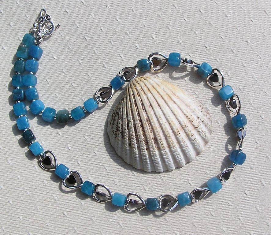 Teal Apatite & Black Hematite Heart Gemstone Beaded Statement Necklace