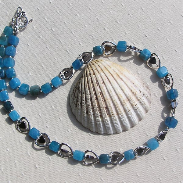 Teal Apatite & Black Hematite Heart Gemstone Beaded Statement Necklace