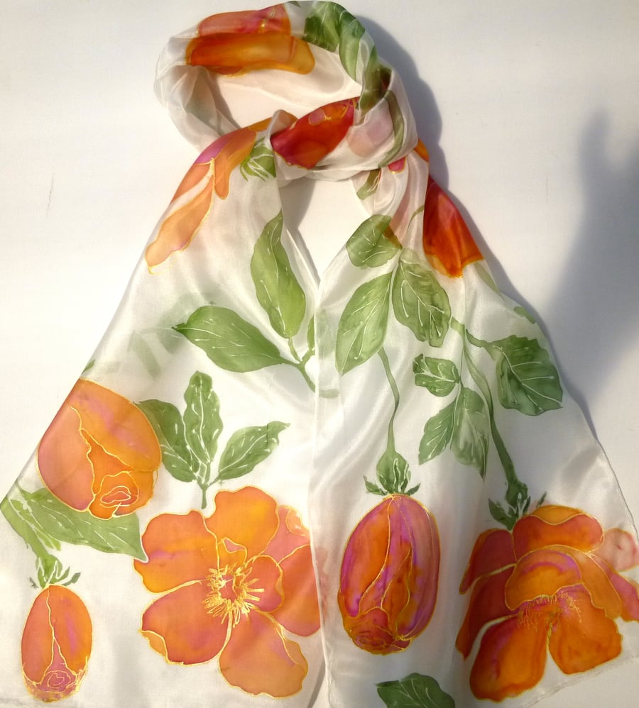 Orange Roses hand painted silk scarf
