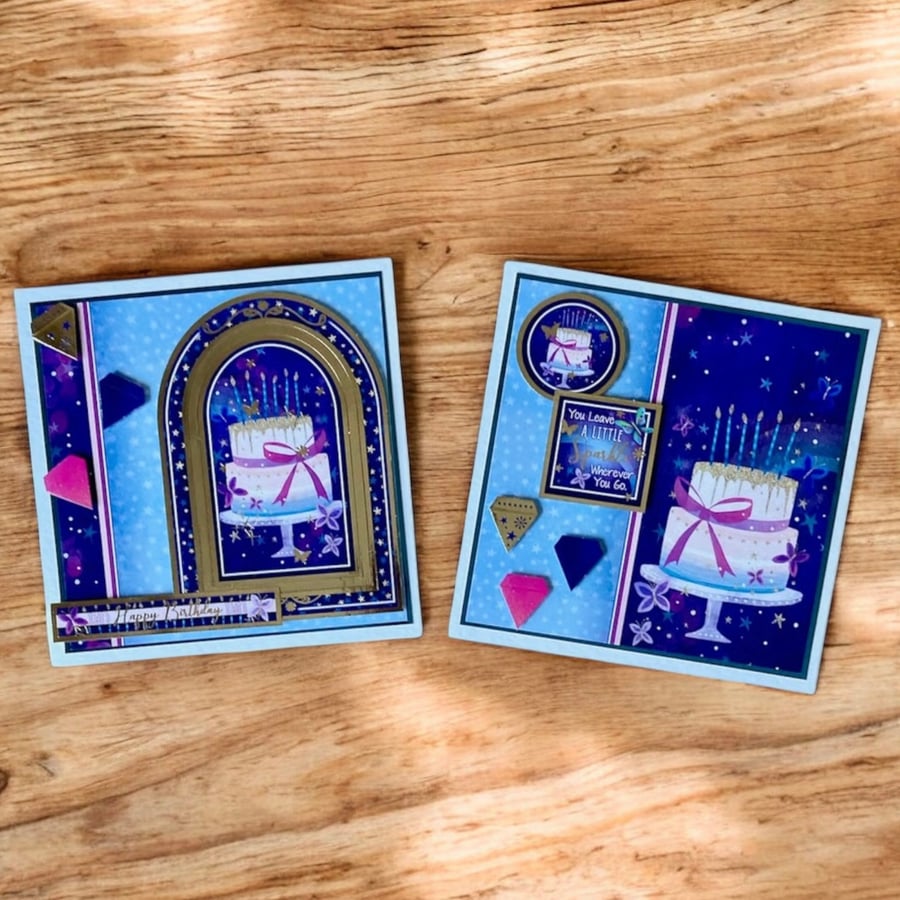 Set of 2 Handmade Birthday Cards. 3D Cake & Candle Design in Blue, Purple & Pink