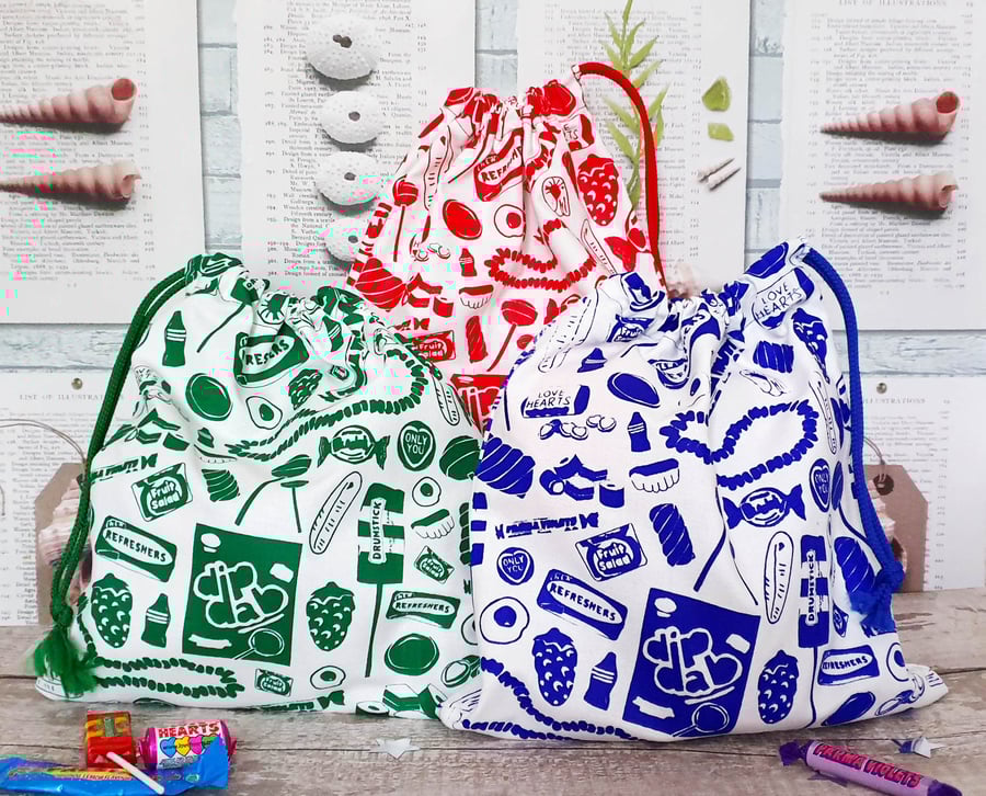 Screen Printed Retro 90's Childhood Pick and Mix Sweets Cotton Canvas Drawstring