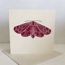 'Moth' hand printed linocut card, burgundy