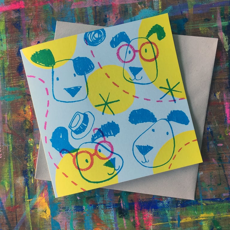 Happy Dogs hand screen printed Square card in pale blue by Jo Brown