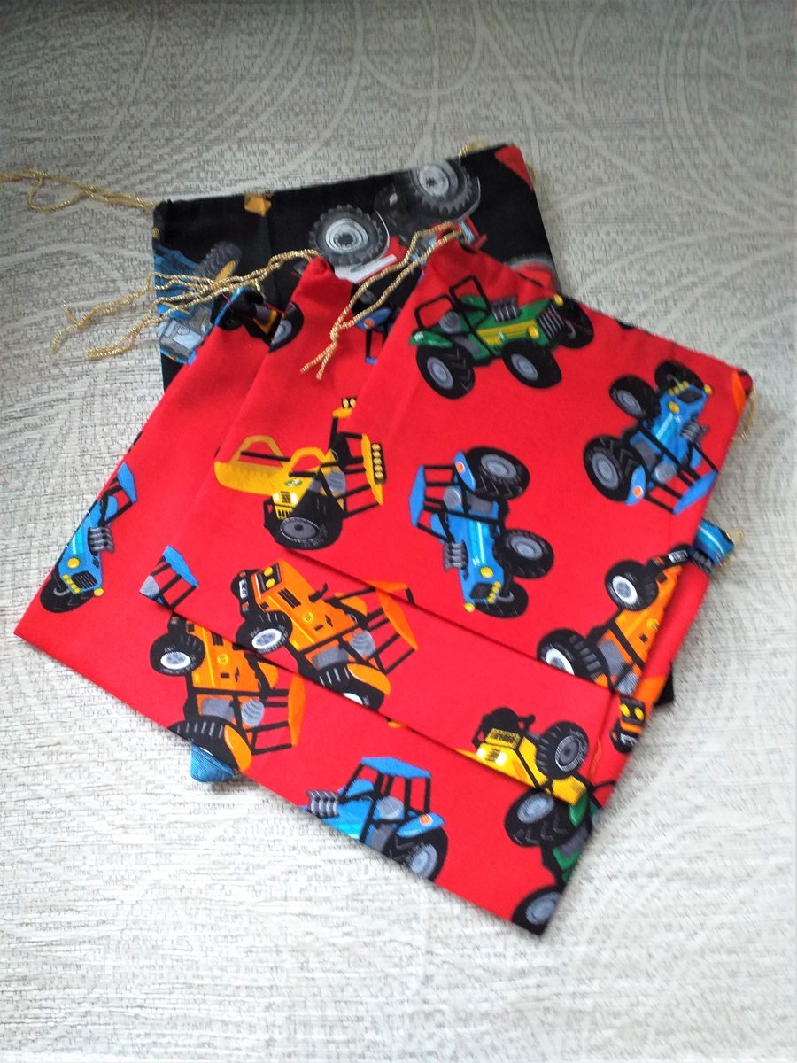 Pack of Four, Tractor, Drawstring Gift Bags, hand made