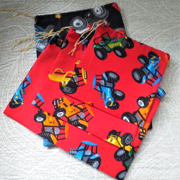 Pack of Four, Tractor, Drawstring Gift Bags, hand made