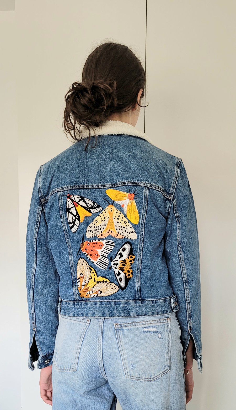 Pre-loved upcycled hand embroidered womens denim jacket, moths