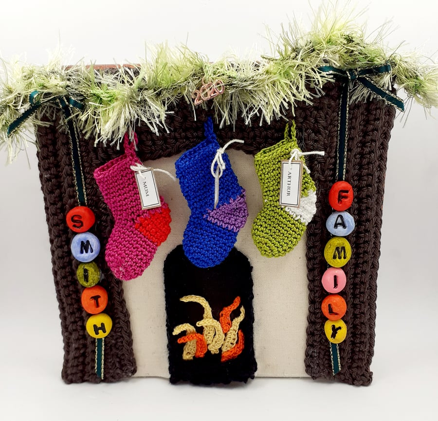 Commission Order for Liz. Christmas Canvas Fireplace with Crochet Stockings 