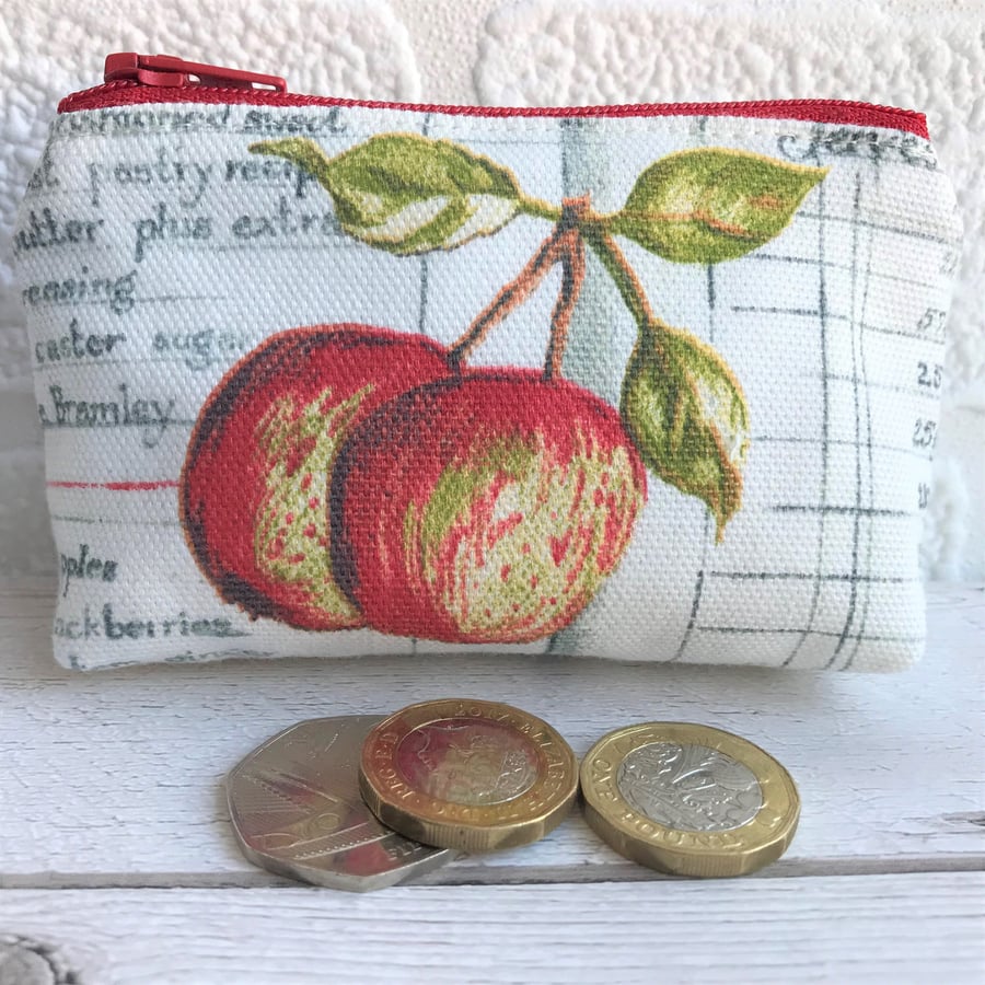 Small purse, coin purse in cream with two apples and grey recipe script