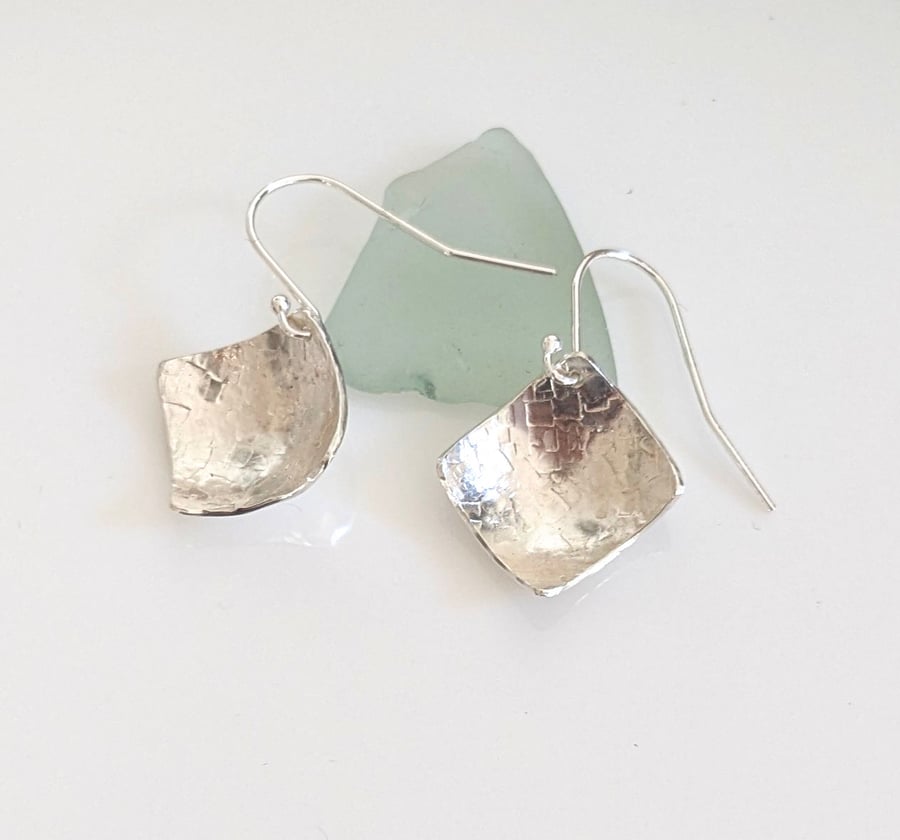 Square Textured Sterling Silver Drop Earrings