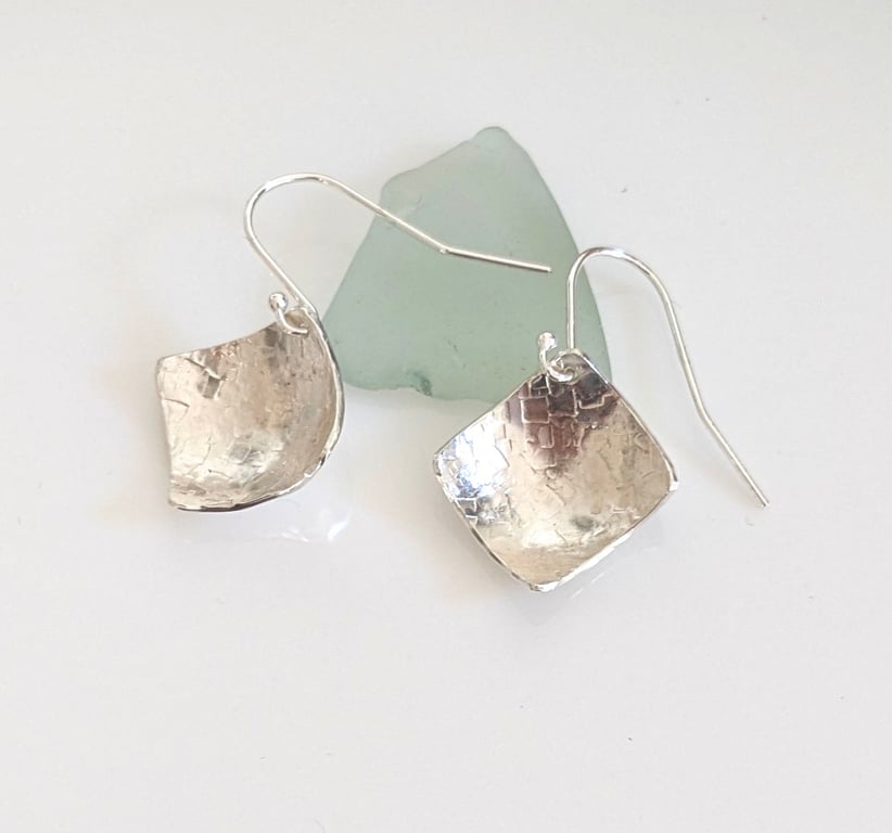 Square Textured Sterling Silver Drop Earrings