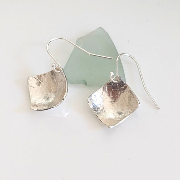Square Textured Sterling Silver Drop Earrings