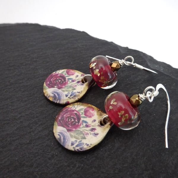 red rose and glitter lampwork glass earrings