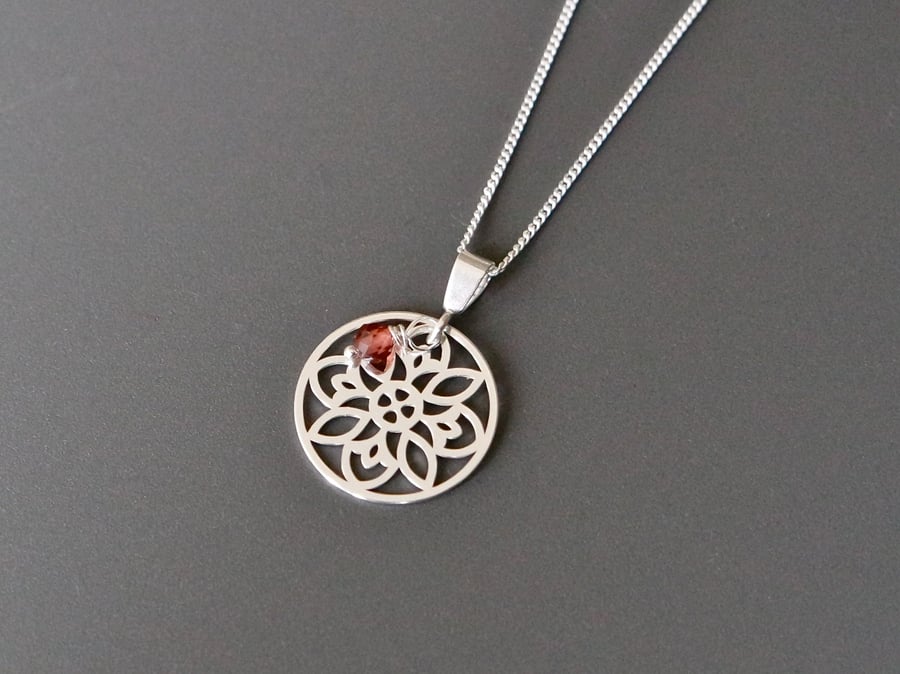 Garnet Birthstone 925 Sterling Silver Mandala Necklace