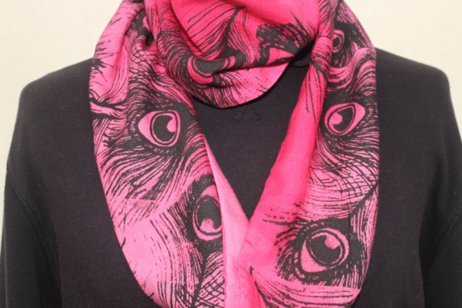 Dip dyed pink infinity scarf,black peacock print, tasseled scarf,zero waste gift