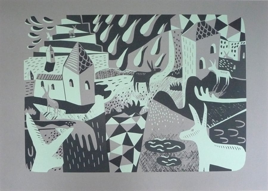 Happenings in Donkey World No.3 2-colour A2 screen print (peppermint&dark grey)
