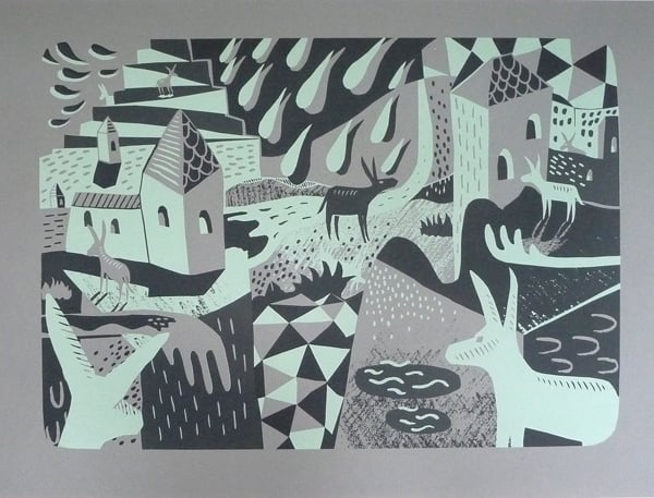 Happenings in Donkey World No.3 2-colour A2 screen print (peppermint&dark grey)