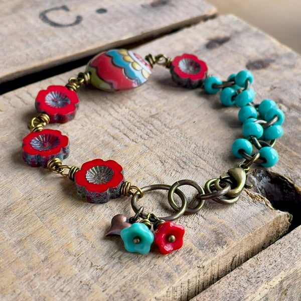 Red Czech Glass Flower Bracelet with Handmade Ceramic Focal. Summer Jewellery