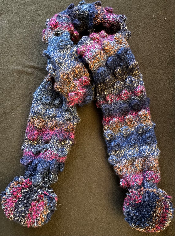Hand Knitted Chunky Bobble Scarf in Blue, Pink, Orange and Grey Tones