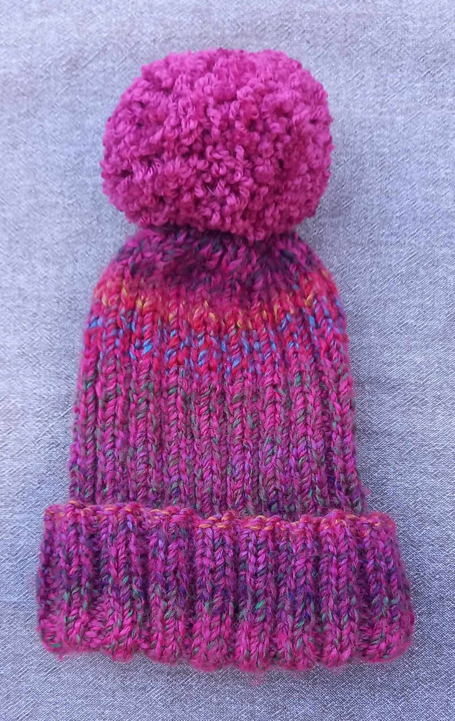 Adult ribbed bobble hat pink colour mix with hand sewn chunky bobble