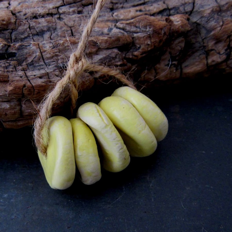 5 Medium Light Yellow Glazed Chubby Disc Clay Beads