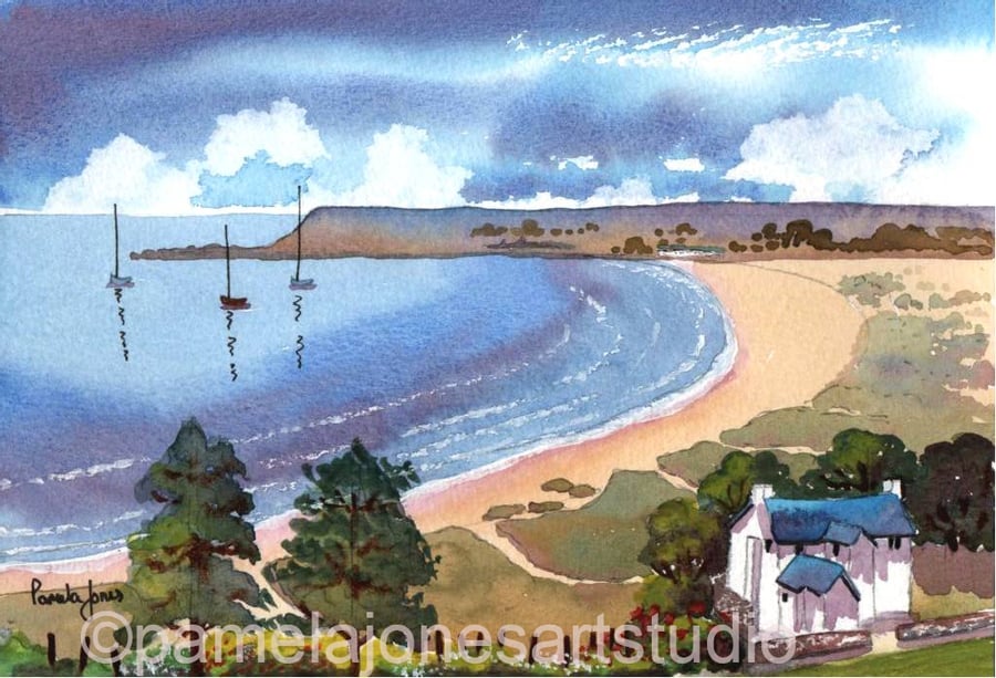 Port Eynon from Horton, Gower, Watercolour Print in 8 x 6 '' Mount