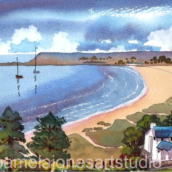 Port Eynon from Horton, Gower, Watercolour Print in 8 x 6 '' Mount