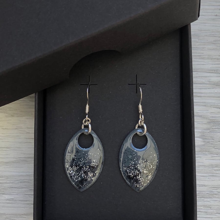 Grey & black with a touch of glitter enamel scale earrings. Sterling silver. 