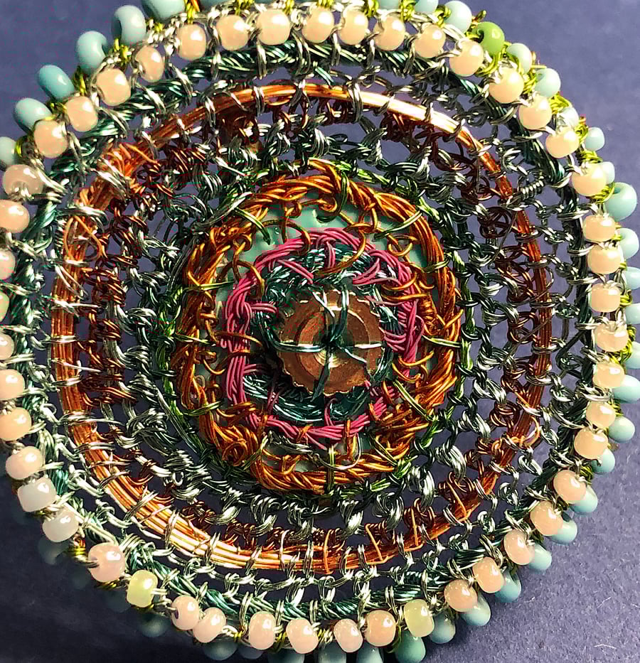 Circle (Kandinsky lockdown) Brooch with seed bead edge - pale blue, turquoise