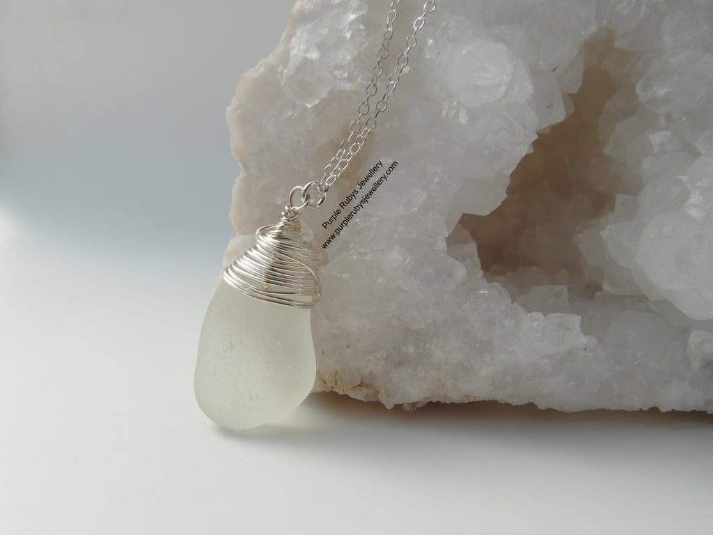 White Cornish Mermaids Tear Necklace, Sterling Silver N426