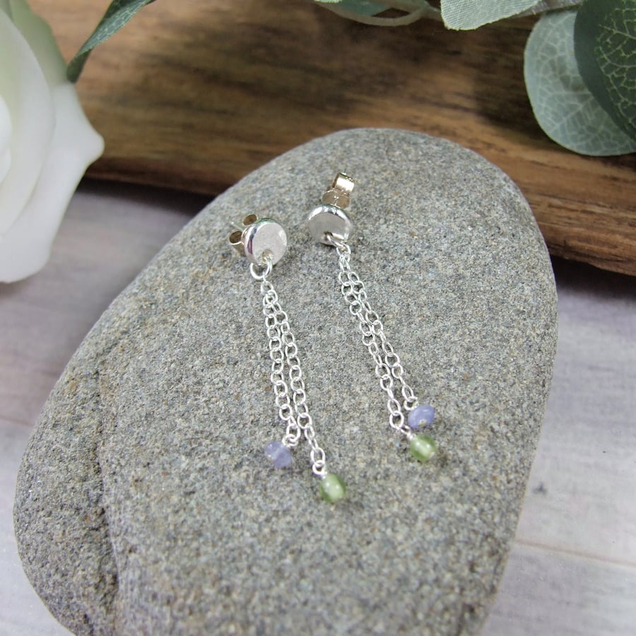 Earrings, Sterling Silver Long Chain Droppers with Peridot and Tanzanite
