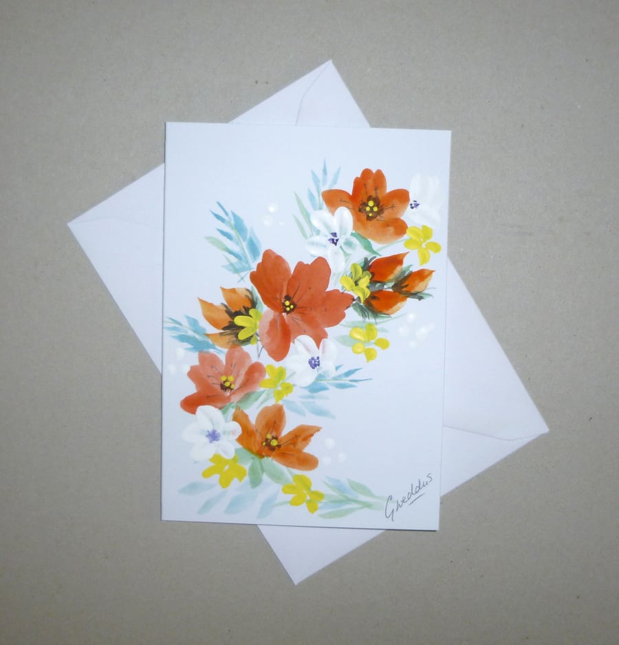 hand painted original art floral greetings card ( ref FA 488 A6 )