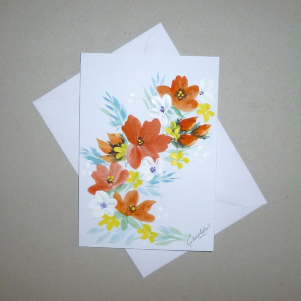 hand painted original art floral greetings card ( ref FA 488 A6 )