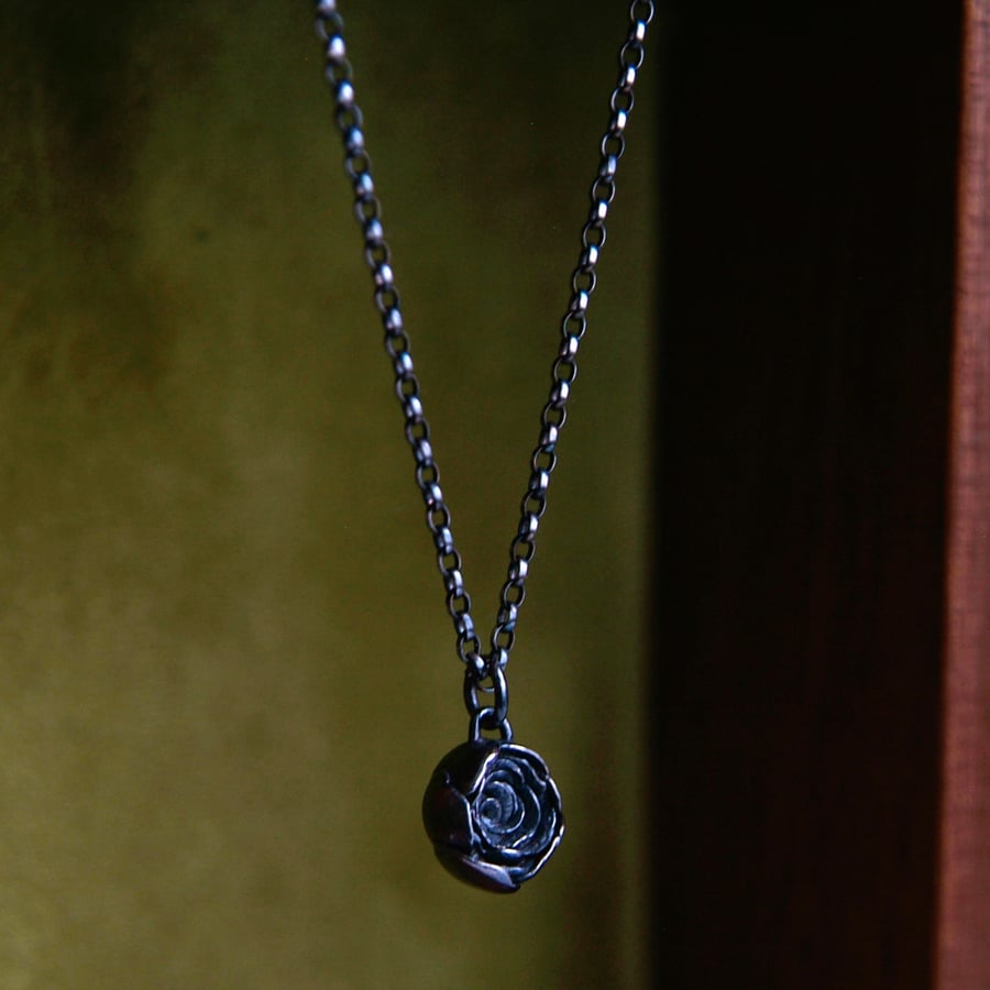 Rose Necklace, Silver Flower Pendant, Oxidised Necklace, English Rose Bud