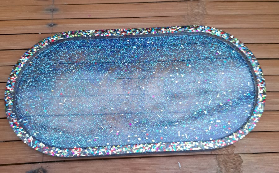 Lovely blue and glitter tray, trinket dish for jewellery, cups, keys or candles 