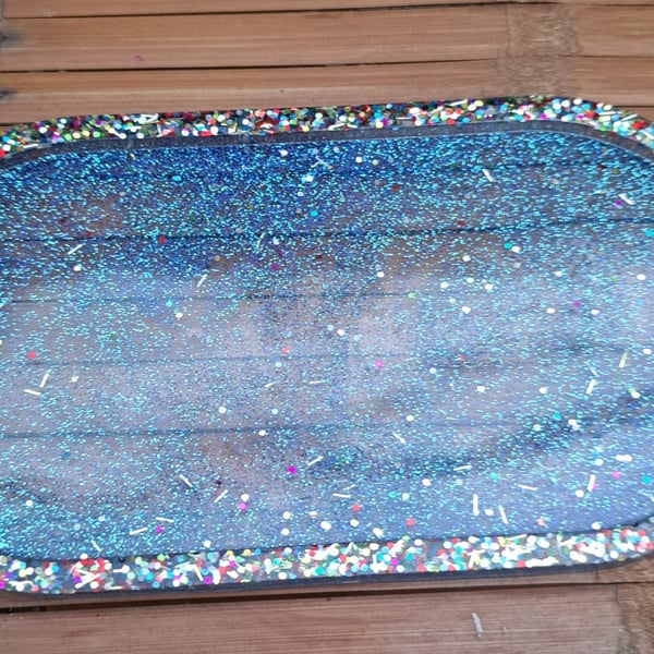 Lovely blue and glitter tray, trinket dish for jewellery, cups, keys or candles 