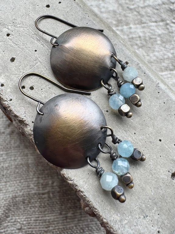Vintage Style Aged Disc Earrings with Natural Aquamarine Gemstones 