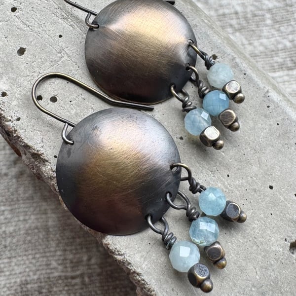 Vintage Style Aged Disc Earrings with Natural Aquamarine Gemstones 