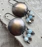 Vintage Style Aged Disc Earrings with Natural Aquamarine Gemstones 