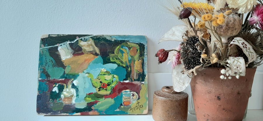 Semi abstract whimsical still life painting 