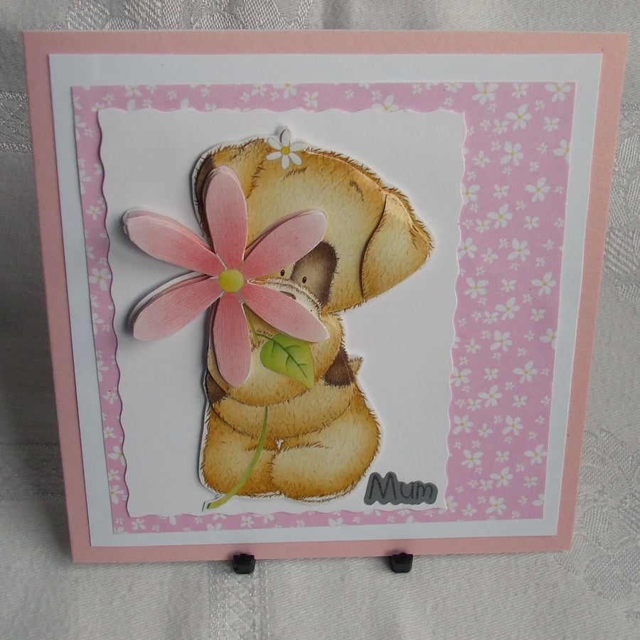 Handmade Mother's Day Card, Puppy with pink daisy