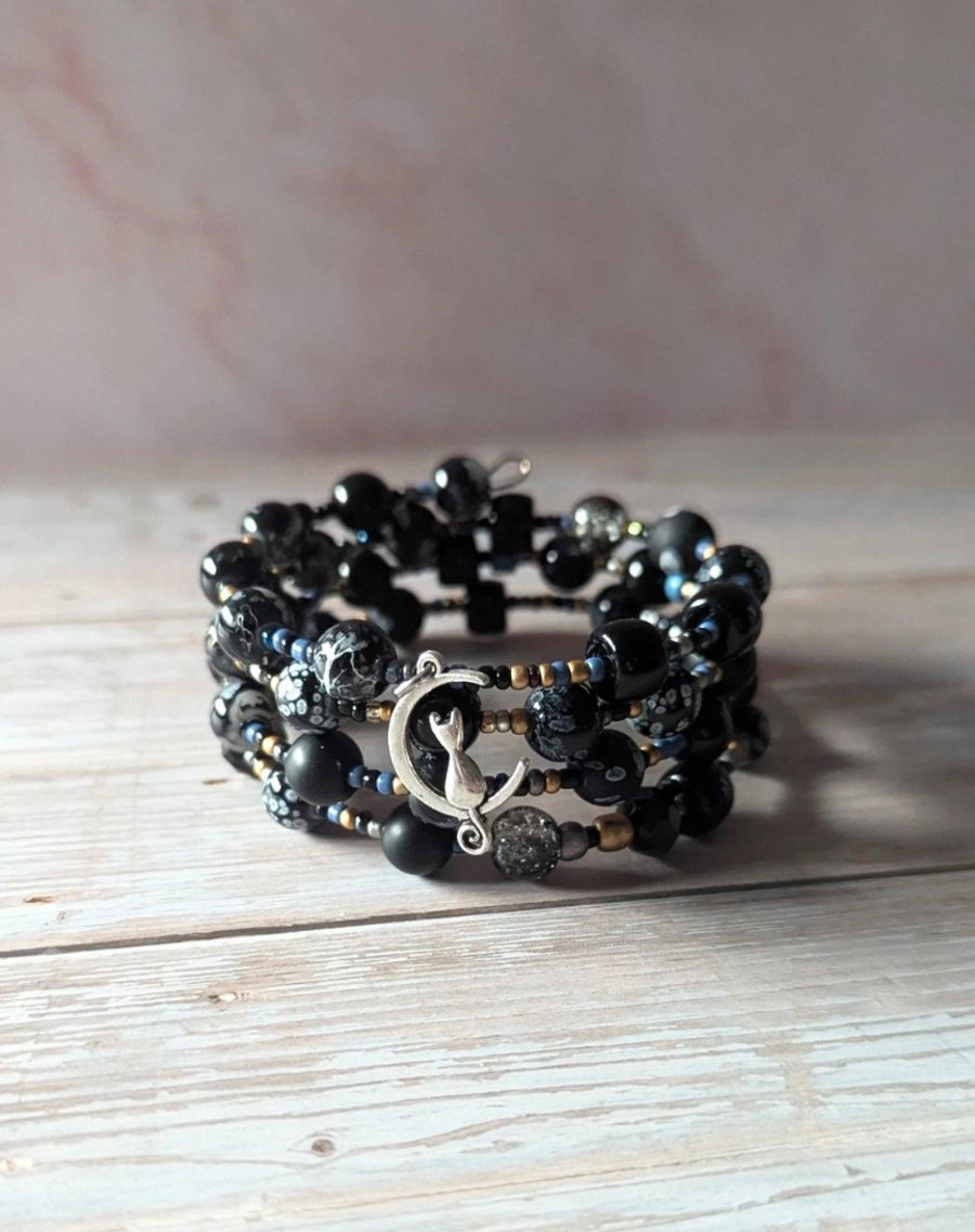 The Midnight Familiar, Black & Silver Cat Moon Memory Wire Bracelet