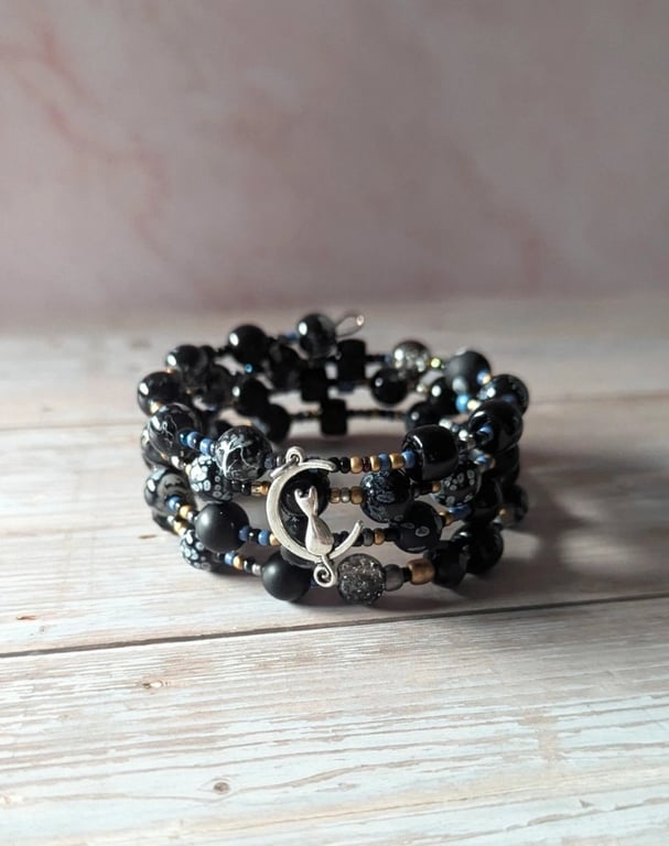 The Midnight Familiar, Black & Silver Cat Moon Memory Wire Bracelet