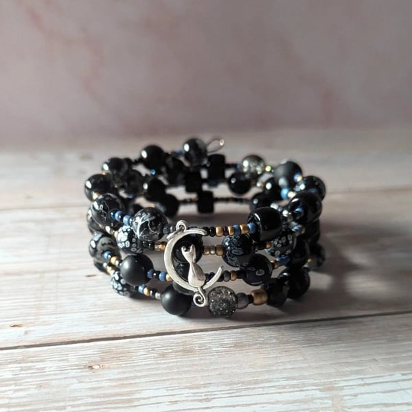 The Midnight Familiar, Black & Silver Cat Moon Memory Wire Bracelet