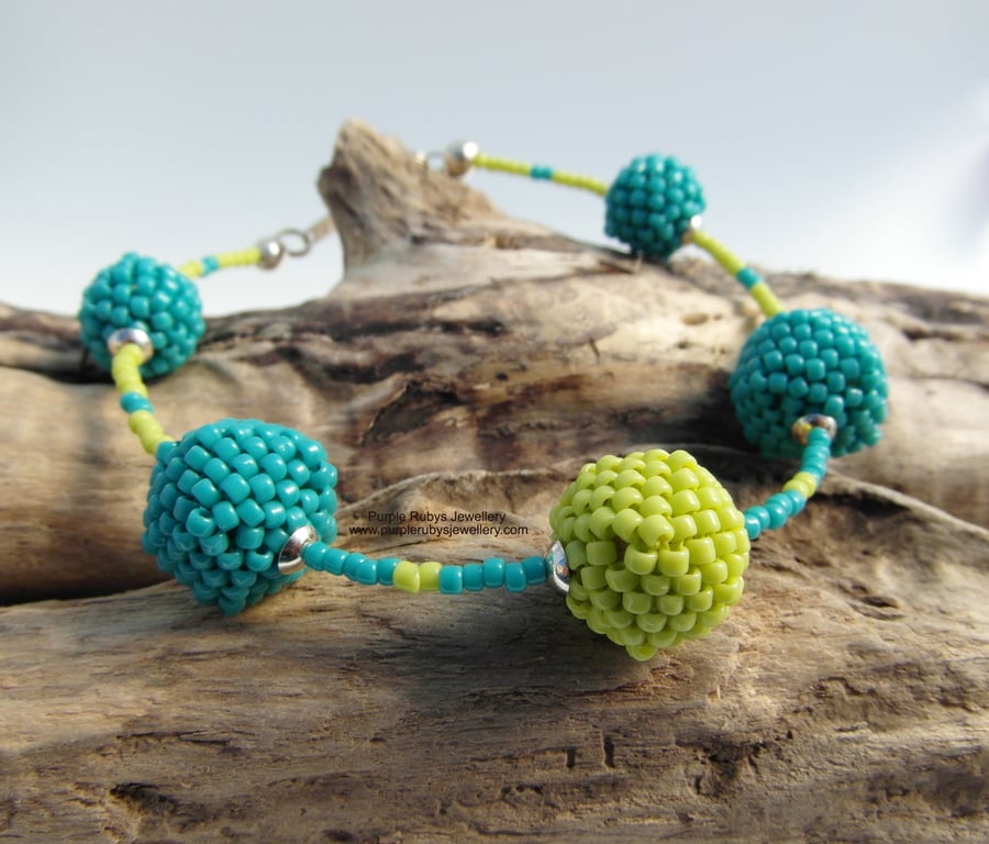Lime and Turquoise Beaded Bead Bracelet B205
