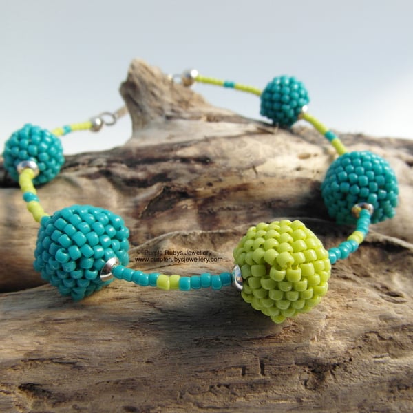 Lime and Turquoise Beaded Bead Bracelet B205