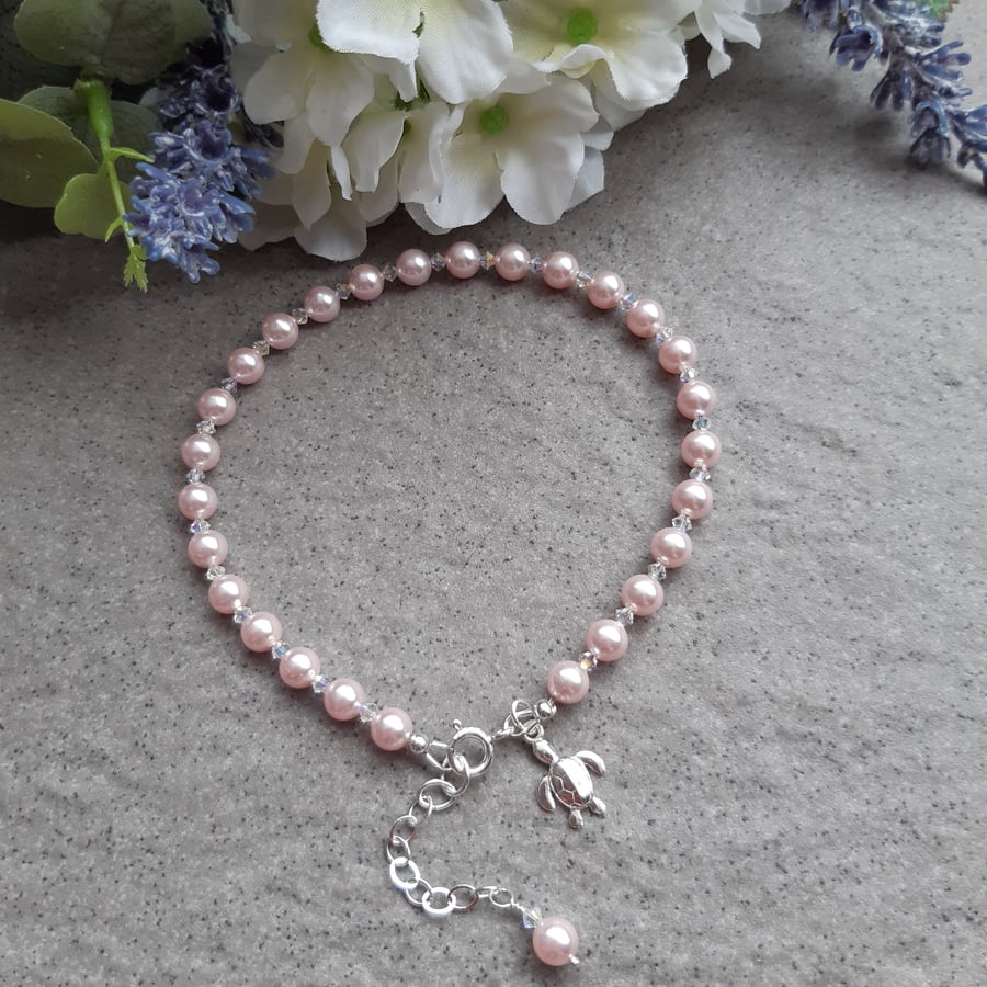  Anklet Sterling Silver Pink Pearl and Crystal Turtle Charm
