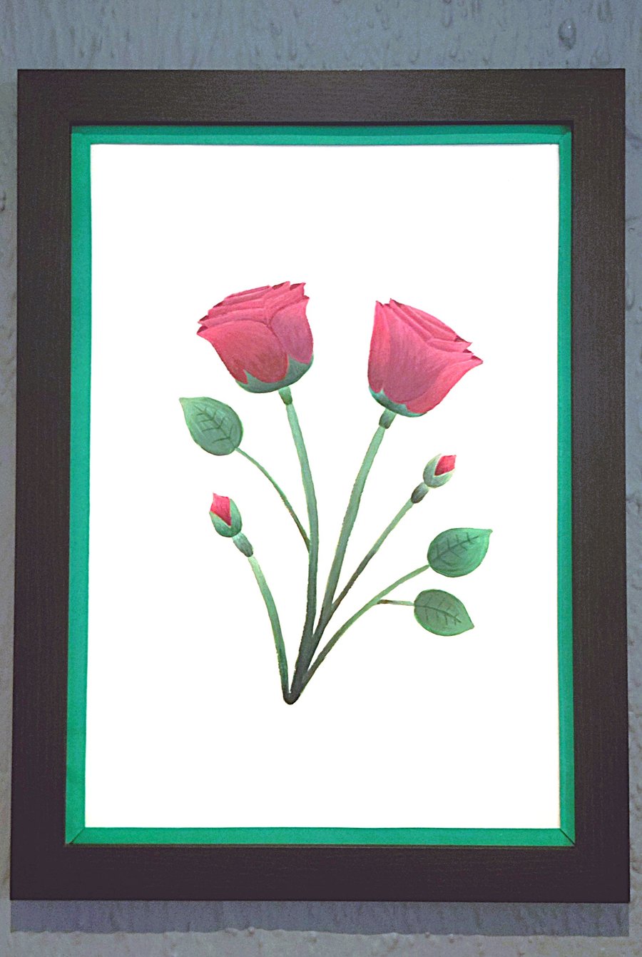A3 Size Framed Print Painting Roses Flowers Colourful Stylish Dark Green Border