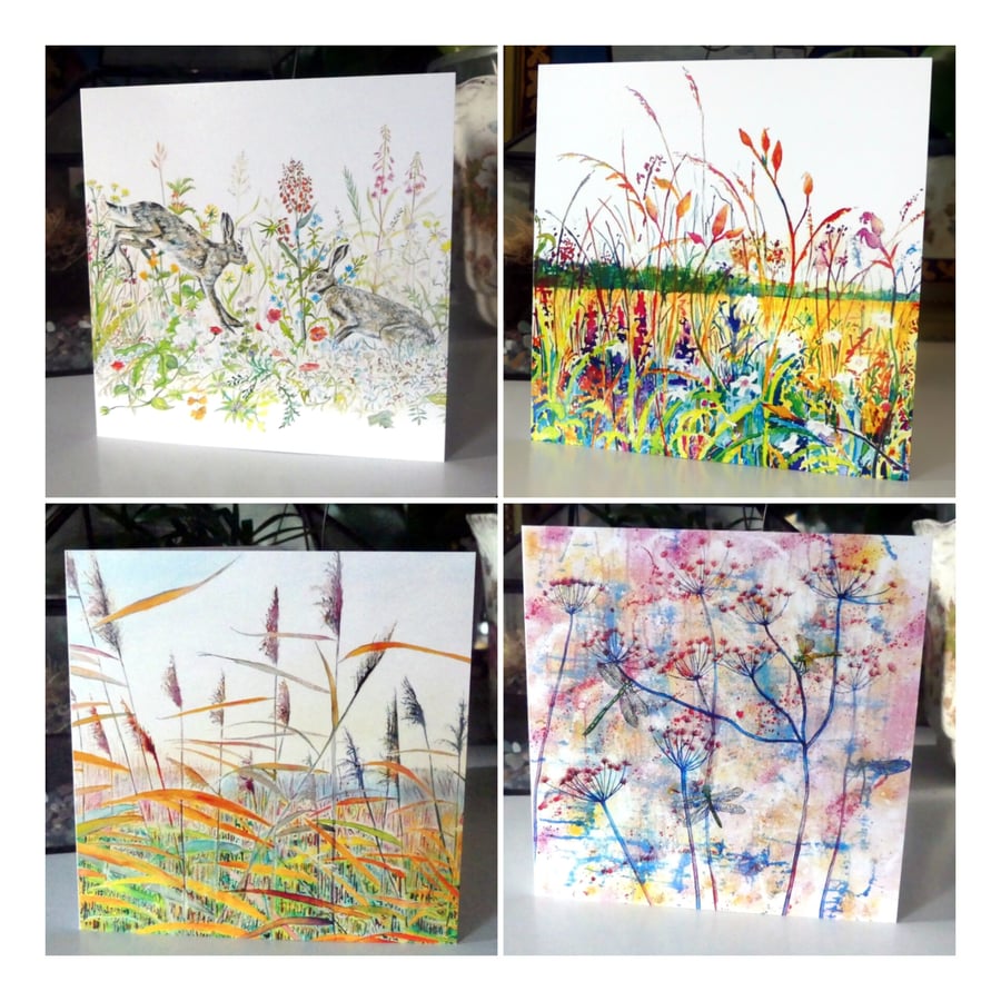 Set of Four Colourful Fen Scene and Wildlife Blank Greeting Cards