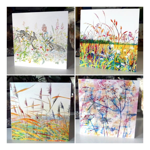 Set of Four Colourful Fen Scene and Wildlife Blank Greeting Cards